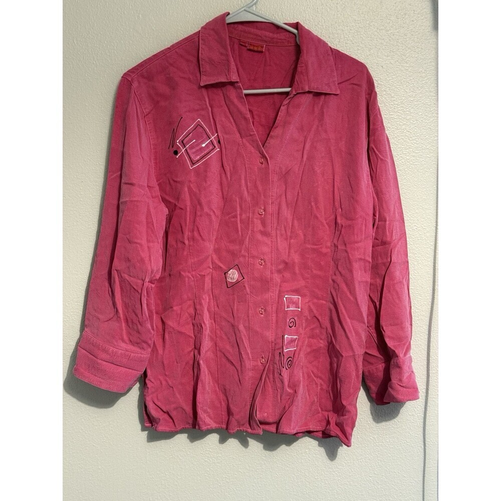 Tianello Women’s Pink Artsy Abstract Print 3/4 Sleeve Full Button Blouse Size M
